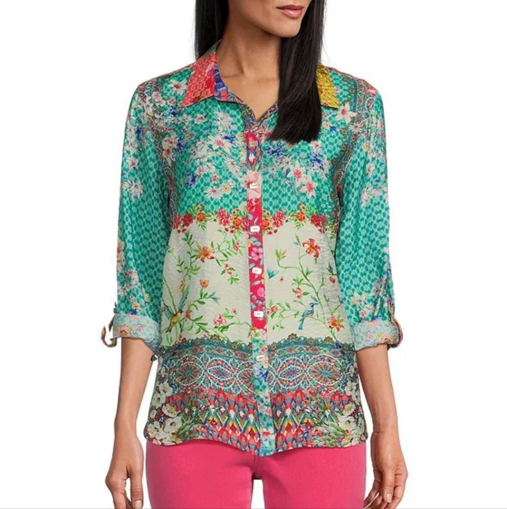 John MarkWoven Floral Printed Point Collar Roll Tab Long Sleeve Button Front Top